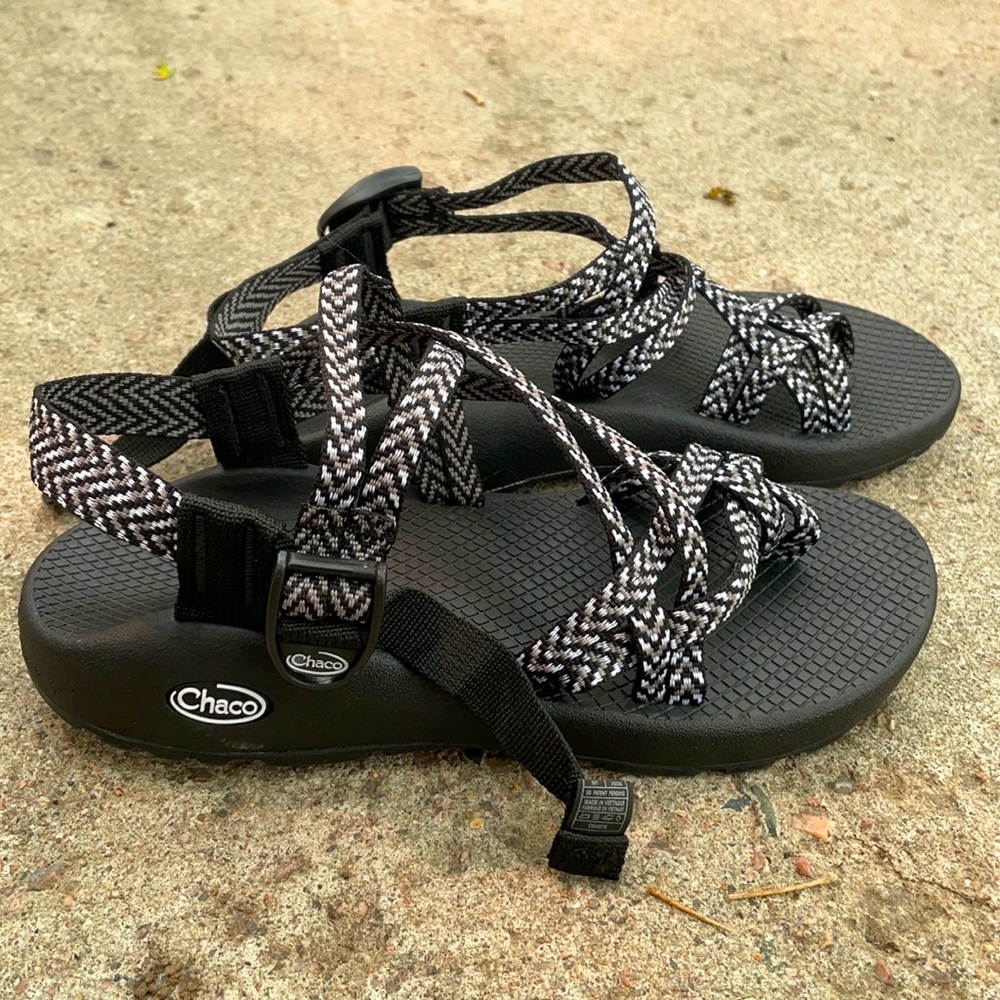 Black and White Chaco's with Tie Strap
